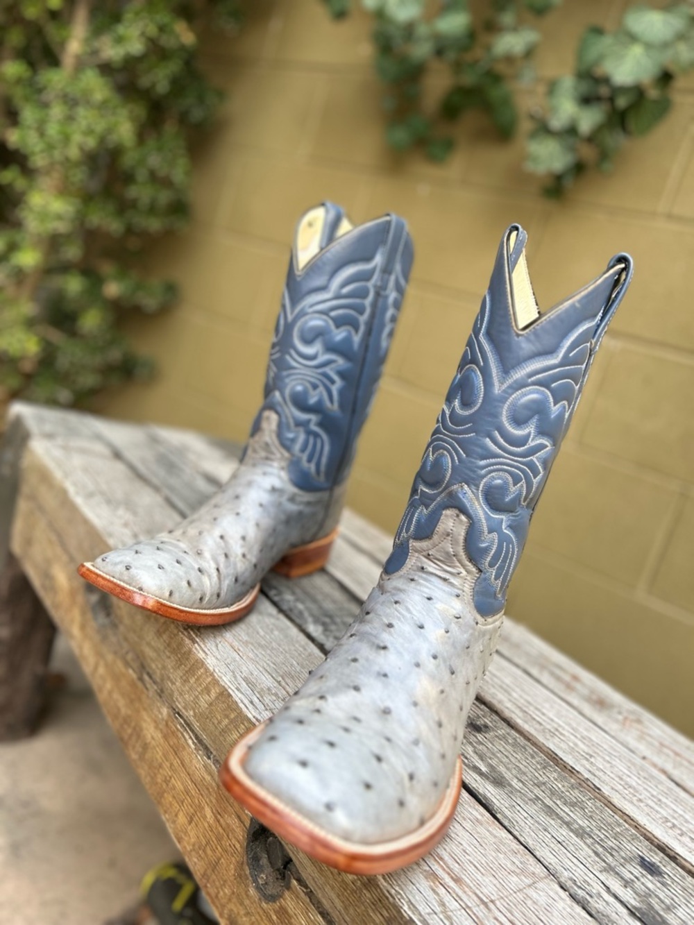 Handmade Gray Ostrich & Blue Square Toe Cowboy Boots Size 10D - Picture 9 of 15